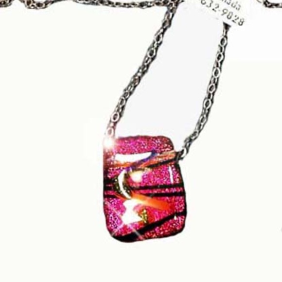 DICHROIC GLASS PENDANT NECKLACE, PINKS, HANDBLOWN IRIDESCENT GLASS, STERLING - Picture 1 of 1